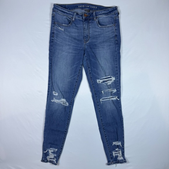 American Eagle Denim - American Eagle Jegging Womens 12 Long Blue Super Stretch Distressed High Rise